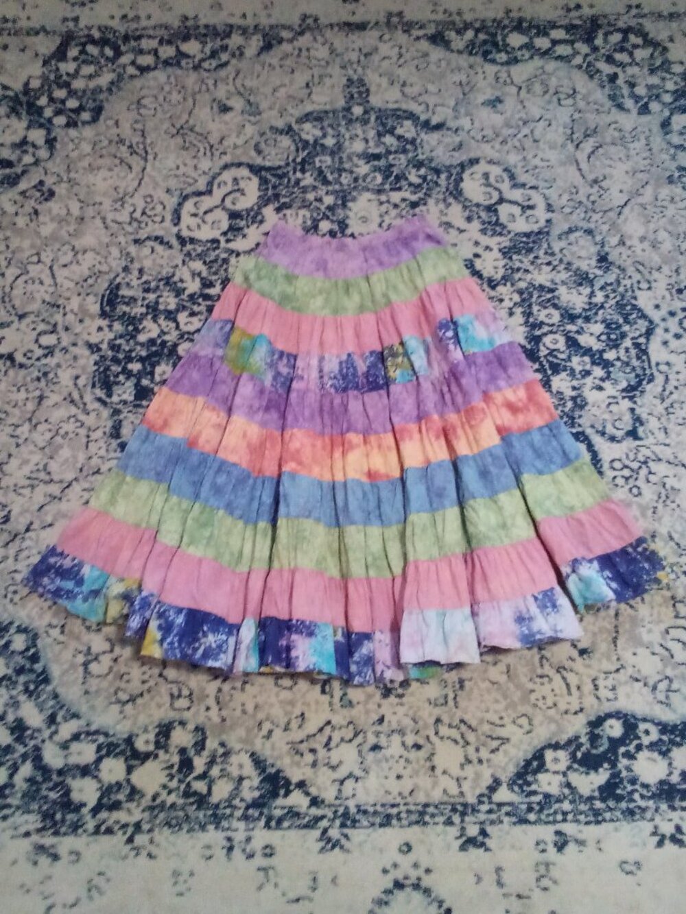 VTG WILLI SMITH M PATCHWORK TIE DYE TIERED CIRCLE MAXI SKIRT 100% COTTON VINTAGE